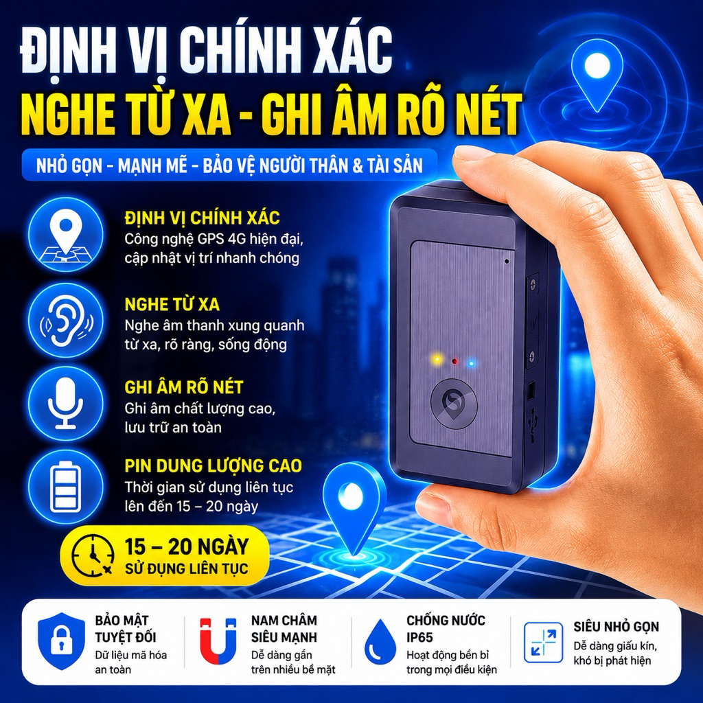 (Hoả tốc) Định vị GPS 4G không dây có ghi âm, nghe từ xa 15-20 ngày