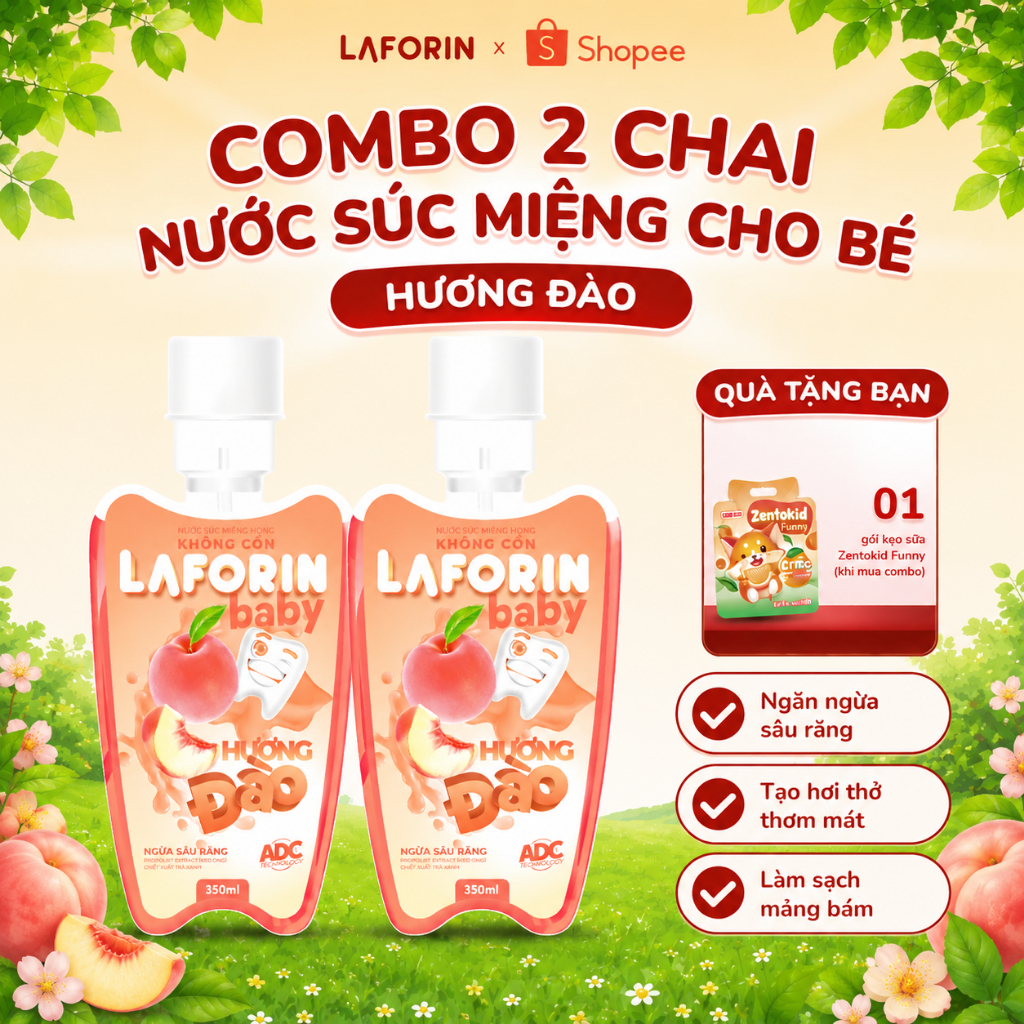 [Combo 2 chai] - Laforin Baby Hương Đào - Nước Súc Miệng Giảm Sâu Răng, Vệ Sinh Răng Miệng Cho Bé (C