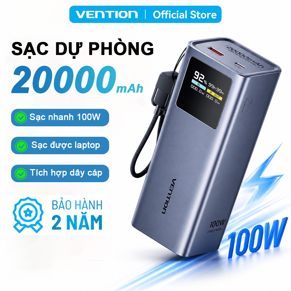 Pin Sạc Dự Phòng 20000mAh 100W Vention PD3.0, Màn Hình TFT  Hiển Thị Thông Số, Có Sẵn Cáp USB-C