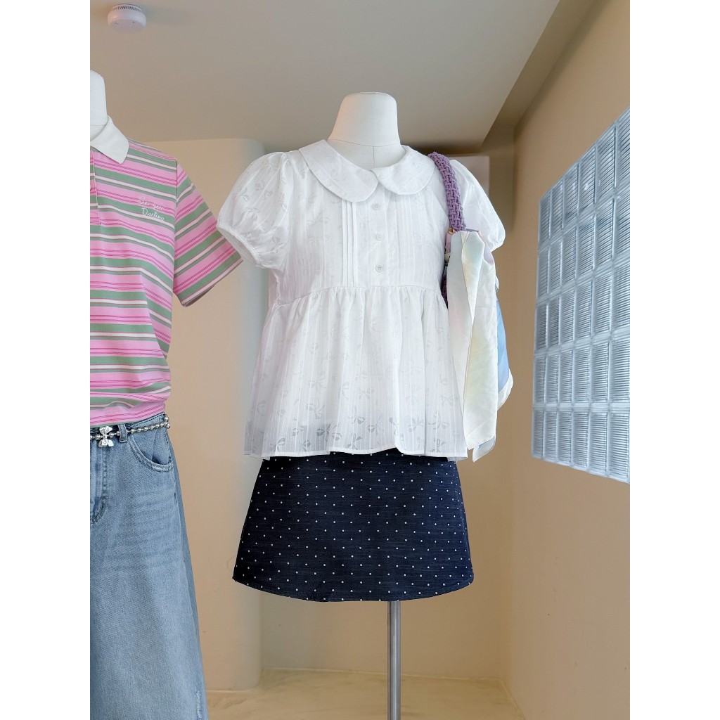 Áo Sơ Mi Nữ LENCLOTHING A1681-00 - Áo BabyDoll Tay Phồng Cổ Sen Họa Tiết Nơ