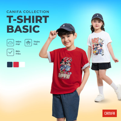 Áo phông unisex trẻ em CANIFA cổ tròn cộc tay chất cotton in hình Mickey PS26 3TS26S003
