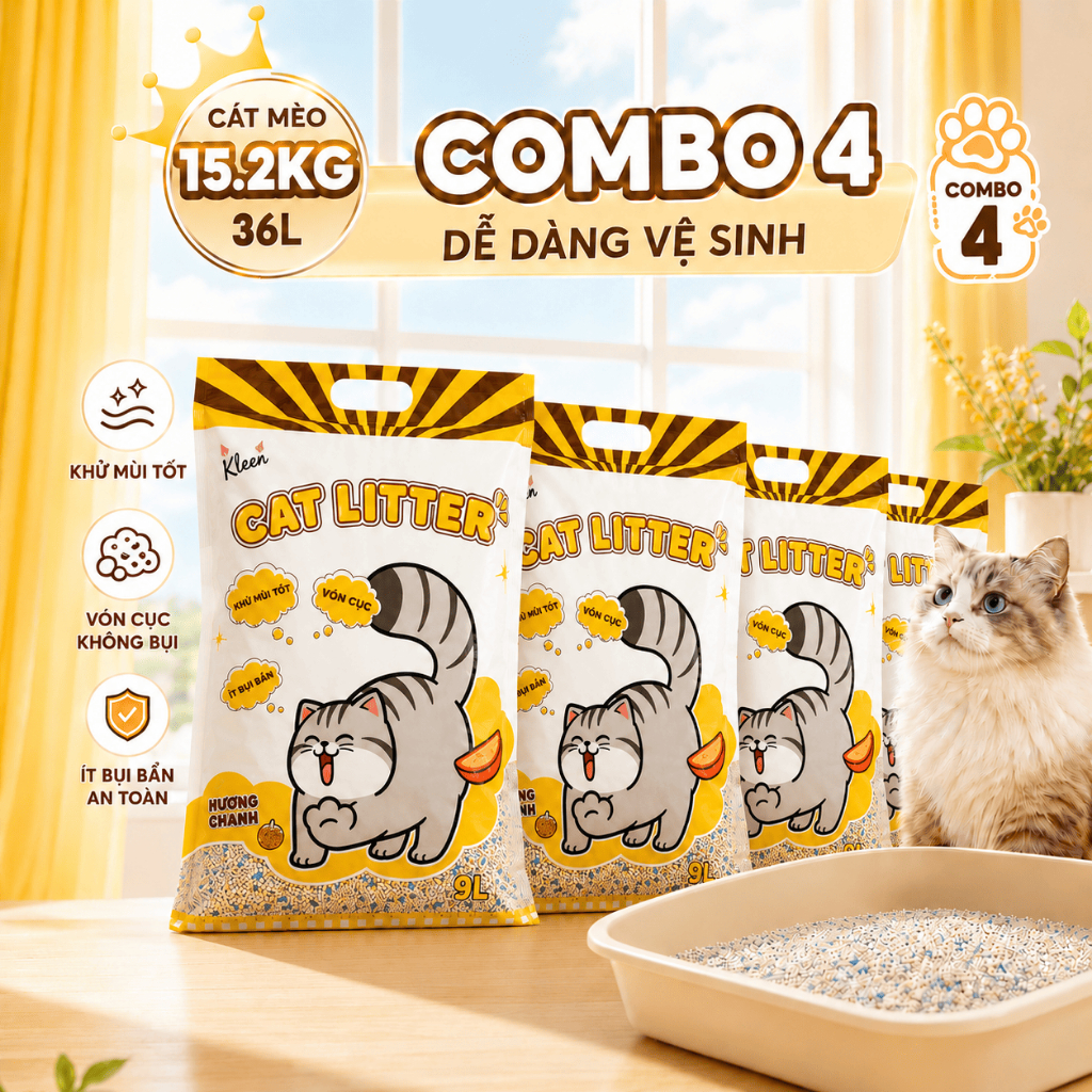 [TỔNG 15.2KG] Combo Tiết Kiệm 4 Túi Cát Mèo Vệ Sinh Kleen Cat 9l, Cát Mèo Khử Mùi Premium Cat Litter