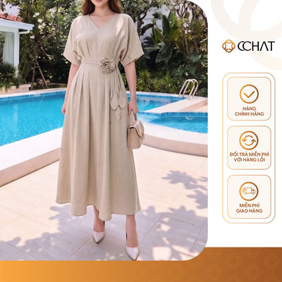 Đầm Nữ 𝐂𝐂𝐇𝐀𝐓 Dáng Xòe Xếp Ly Eo Aura Gắn Hoa Chất Liệu Tuytsi Cao Cấp 16VNS2025XT