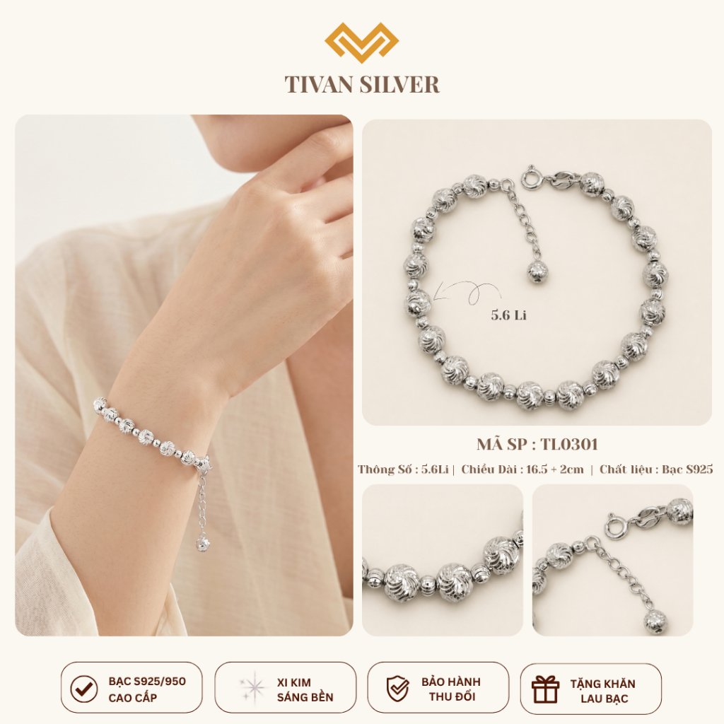 {5.6Li}Lắc Bi Bạc Xi Kim Cao Cấp Kiểu Bi Xoáy Tròn 5.6Li S925 Italy Thời Trang TiVan Silver