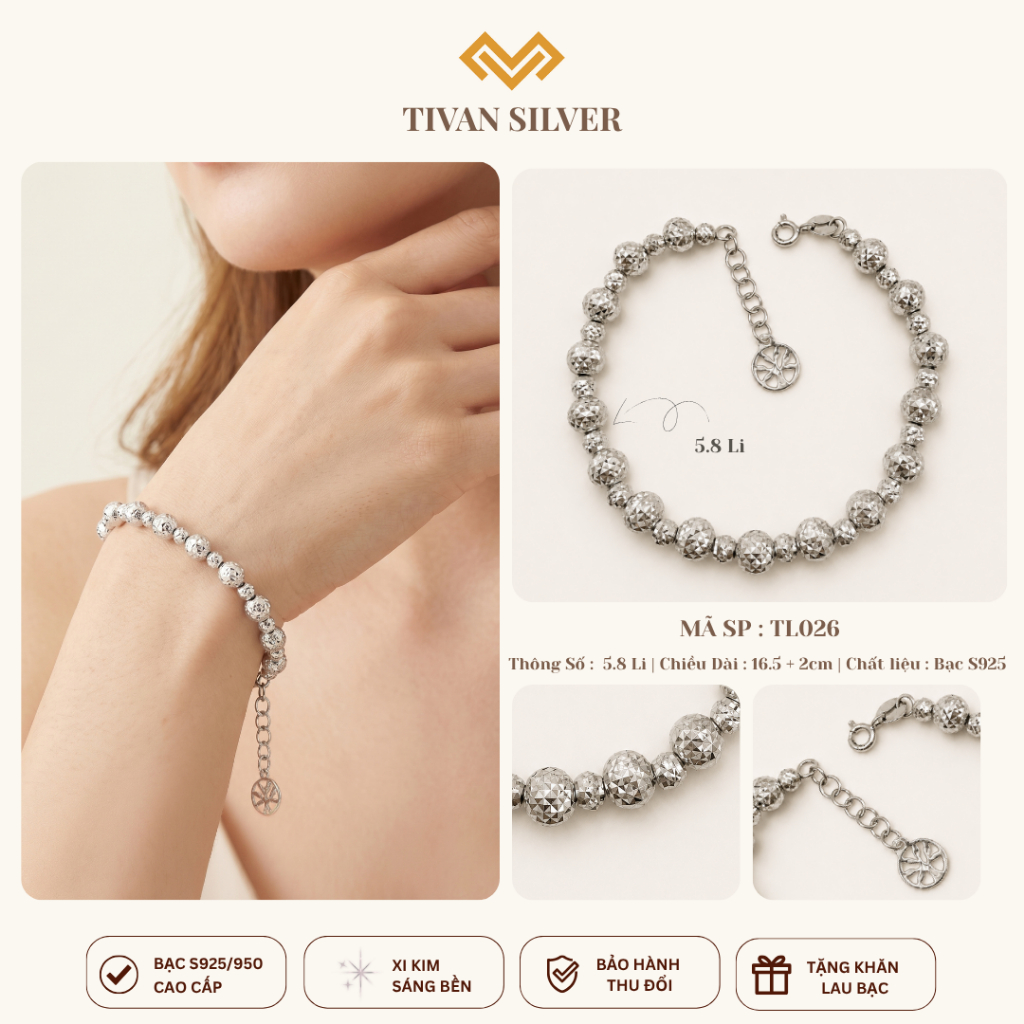 {5.8Li}Lắc Bi Bạc Xi Kim Cao Cấp Kiểu Bi Móc Máy KC 5.8Li S925 Italy Thời Trang TiVan Silver