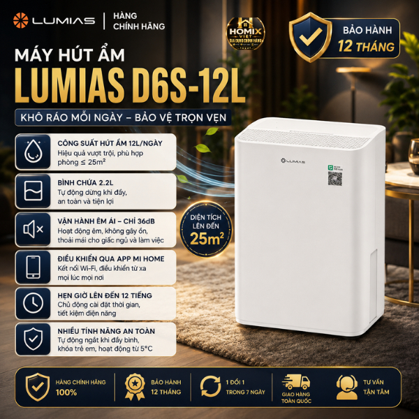 Máy Hút Ẩm Thông Minh Lumias D6S-12L D6S-20L Kết Nối App Mi Home Cho Phòng 25-50m²
