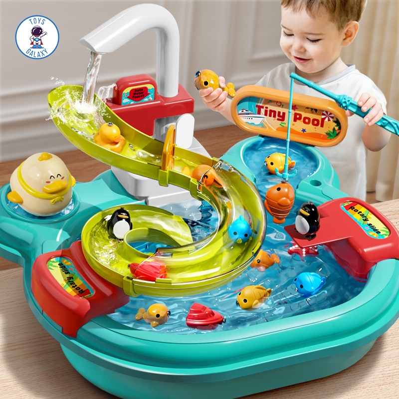Đồ Chơi Công Viên Nước Mini - Tích Hợp Câu Cá, Máng Trượt Nước, Vòi Bơm Nước Chảy Tự Động, Rửa Chén