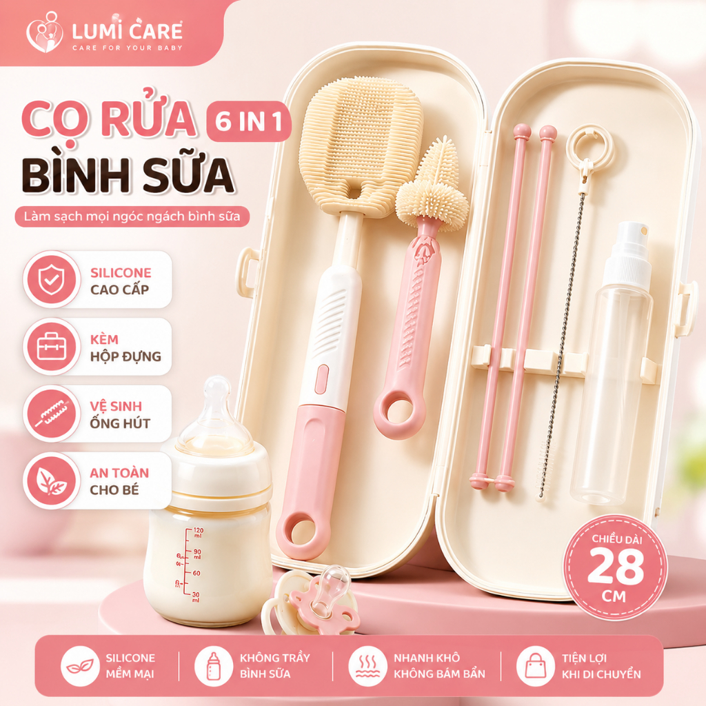 Cọ Rửa Bình Sữa Silicone 6 Trong 1 Kèm Hộp Đựng, Cọ Vệ Sinh Bình Sữa, Núm Ti, Ống Hút - HT746 - HT84