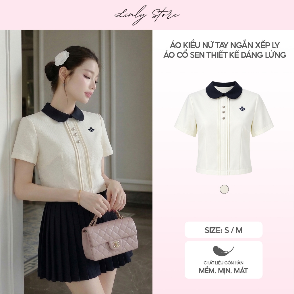 Áo kiểu nữ tay ngắn xếp ly, áo cổ sen thiết kế dáng lửng tiểu thư thêu hoa Linly Store A-PC10 | BigBuy360 - bigbuy360.vn