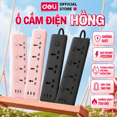 [HOẢ TỐC] Ổ Cắm Điện Hồng Trắng Đen 2026 Deli Ổ Điện Đa Năng Chống Cháy Nổ Ổ Cắm Điện Có Dây 2500W Cổng Sạc USB/ TypeC