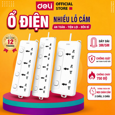 Ổ Cắm Điện DELI Nhiều Lỗ Cắm (4-8 Lỗ) Ổ Điện Nhiều Chân Cắm Chiều Dài Dây 2m/3m/5m Nút Bảo Vệ Quá Áp Công Suất 2500W