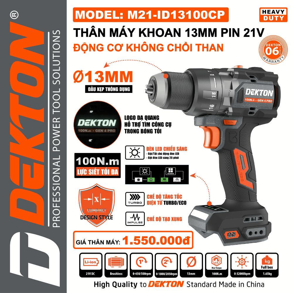 Thân máy khoan pin 21V DEKTON M21-ID13100CP / M21-ID13100XCP - Lực siết đối đa 100N.m