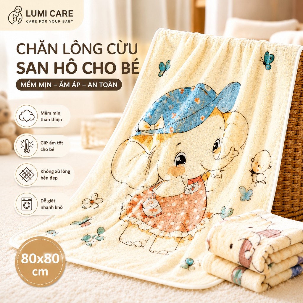 [Siêu Mềm Mịn] Chăn Lông Cừu San Hô Cho Bé 80x80cm Giữ Ấm Êm Ái Không Xù Lông- HT818 - Lumi Care