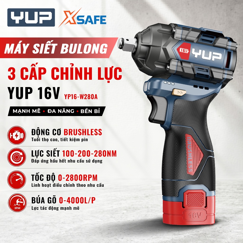 Máy siết bulong pin 16V YUPAI YP16-W280A motor không chổi than, lực siết cực đại 280Nm, 3 cấp lực