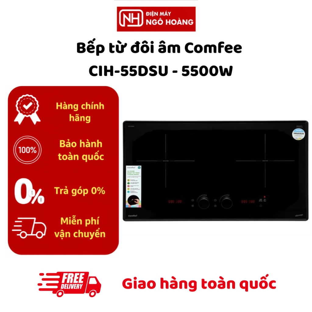 CIH-55DSU - Bếp Từ Đôi Âm Comfee CIH-55DSU 5500W Mặt Kính Cao Cấp Điều Khiển Cảm Ứng Chính Hãng