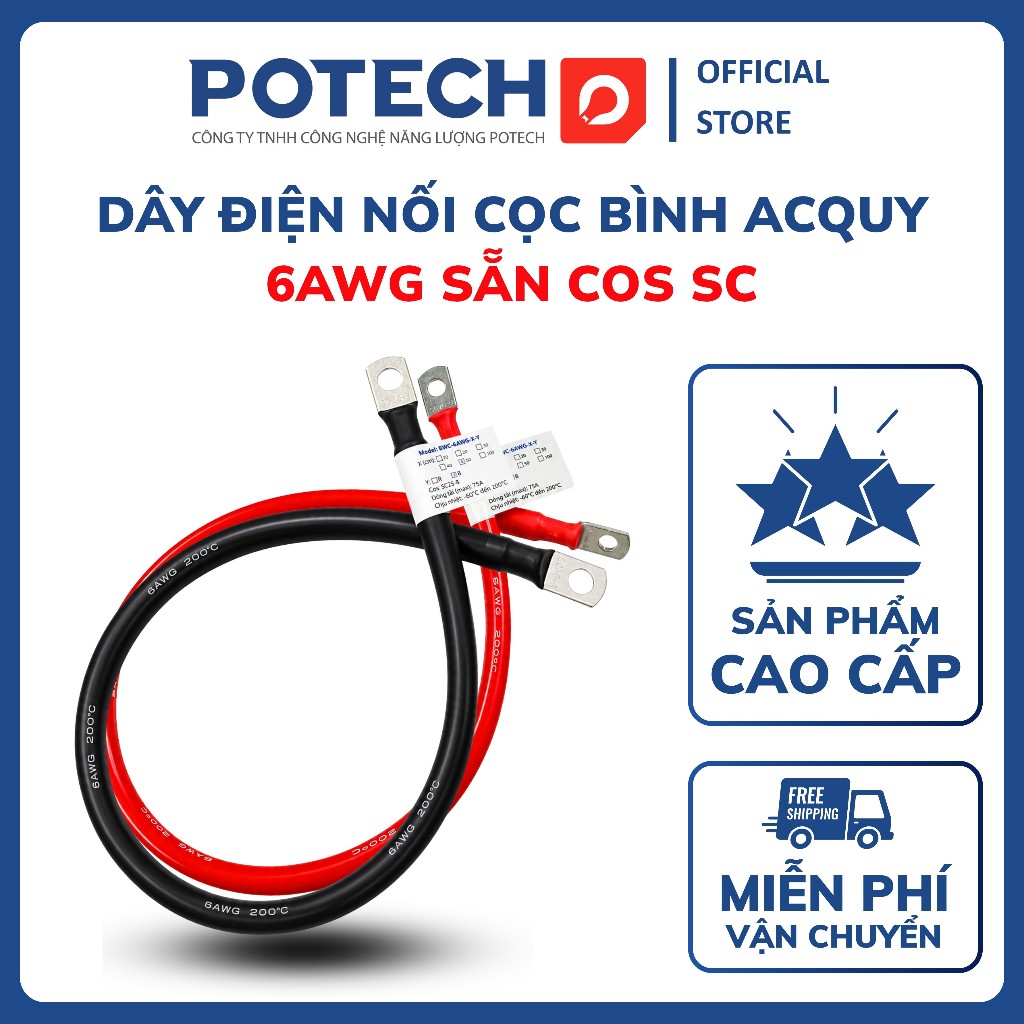 Dây nối bình acquy, pin Lithium 6AWG bấm sẵn đầu cos, dây điện chống cháy dòng xả cao