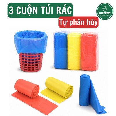 Set 3 cuộn túi rác Vietpot tự phân hủy, dẻo dai, nhiều size đựng rác sinh hoạt, làm vườn tiện lợi