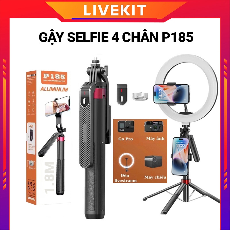 Tripod Gậy Selfie P185 – 4 Chân Chống Rung, Kéo Dài 1.75m, Remote Bluetooth LiveKit