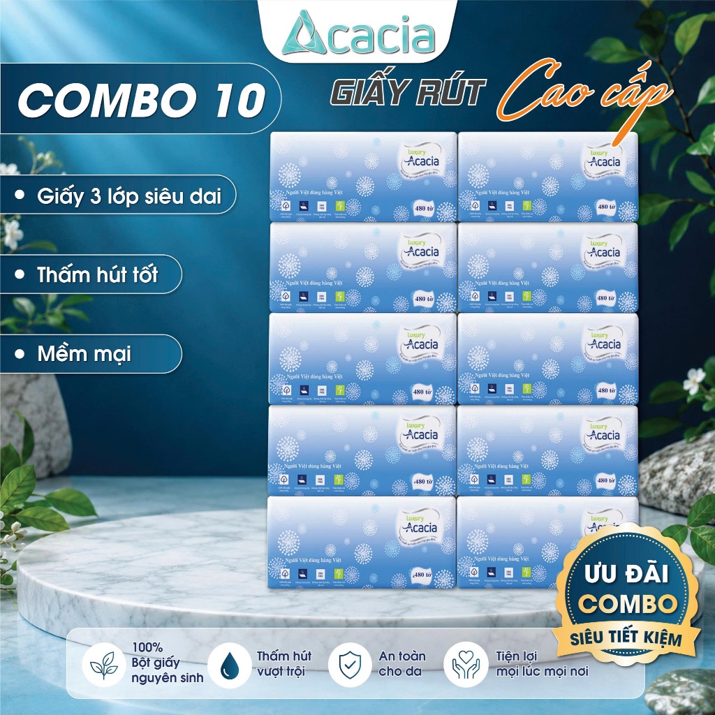 Combo 10 gói Giấy ăn rút lụa cao cấp ACACIA 480 tờ (160 lần rút), 3 lớp