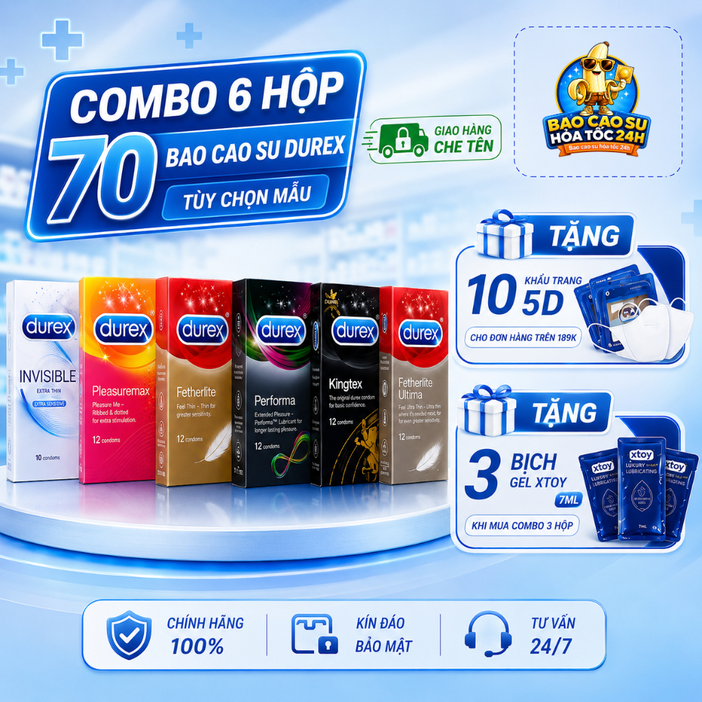 Bao cao su bcs Durex combo 6 hộp 70 bao (mỏng, gai, size nhỏ, lâu ra, ôm sat, mỏng siêu trơn) hỏa tố