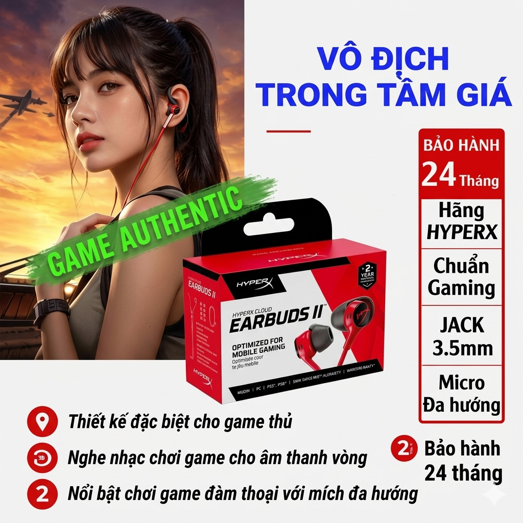 Tai nghe gaming HyperX Cloud Earbuds II ,Earbuds III chuyên game chính hãng Cloud Earbuds 2 chân cắm
