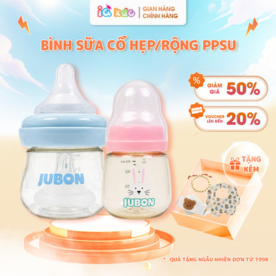 Bình Sữa Sơ Sinh PPSU JUBON – Bình Cổ Rộng 120ml Và Cổ Hẹp 80ml, Núm Ti Silicone Mềm Mại IQKAO