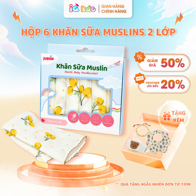 Hộp 6 Khăn Sữa Muslin 2 Lớp Cho Bé IQKAO – Mềm Mịn, Thấm Hút Tốt, Size 30x30cm, An Toàn Cho Trẻ Sơ Sinh