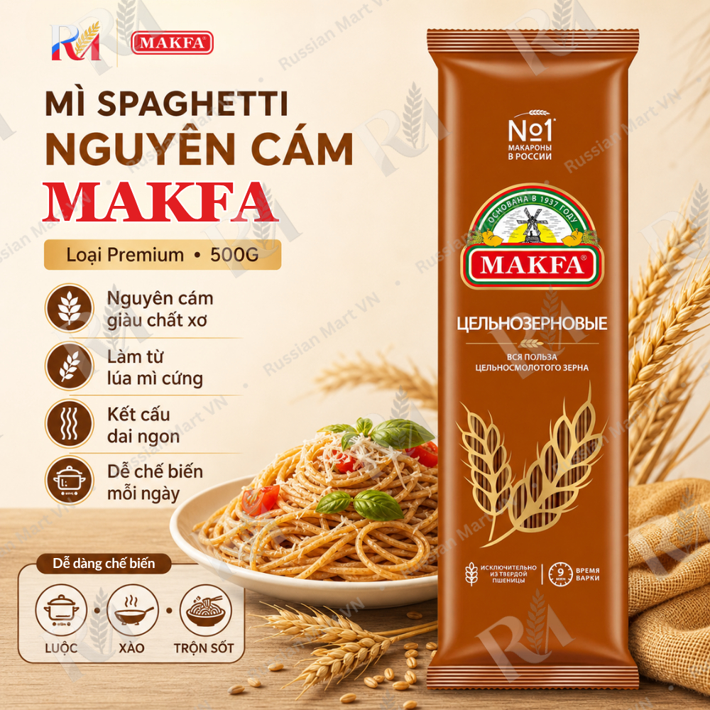Mì Spaghetti Nguyên Cám Makfa Premium 500G - Pasta Nguyên Cám Làm Từ Lúa Mì Cứng, Luộc Nhanh 9 Phút