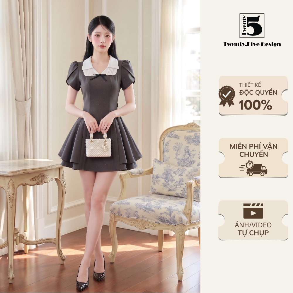 Đầm ngắn tay bồng cổ polo trắng đính nơ dáng xòe chiết eo tôn dáng - Twentyfive Design - DL91