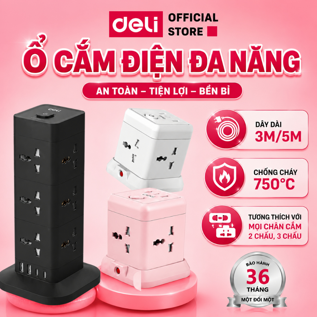 [CHỐNG CHÁY] Ổ Cắm Điện Trụ/ Vuông DELI Sạc Nhanh USBTypeC 20W, Ổ Điện Trụ Để Bàn Cầu Chì Tự Ngắt CS