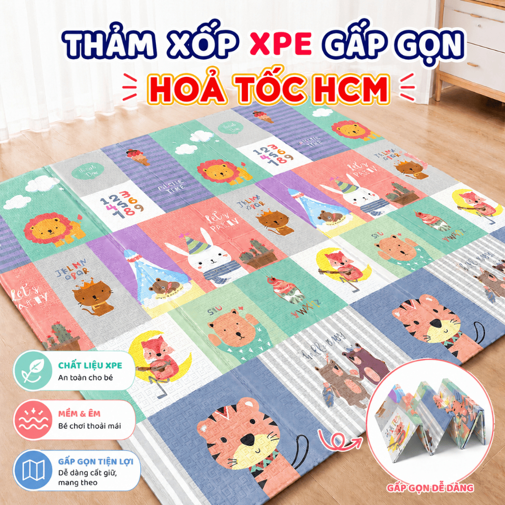 [Hoả Tốc HCM 4h] Thảm Xốp Gấp Gọn Chống Trơn Trượt An Toàn Cho Bé Tập Đi Chống Thấm Nước 2 Mặt Hoạ T