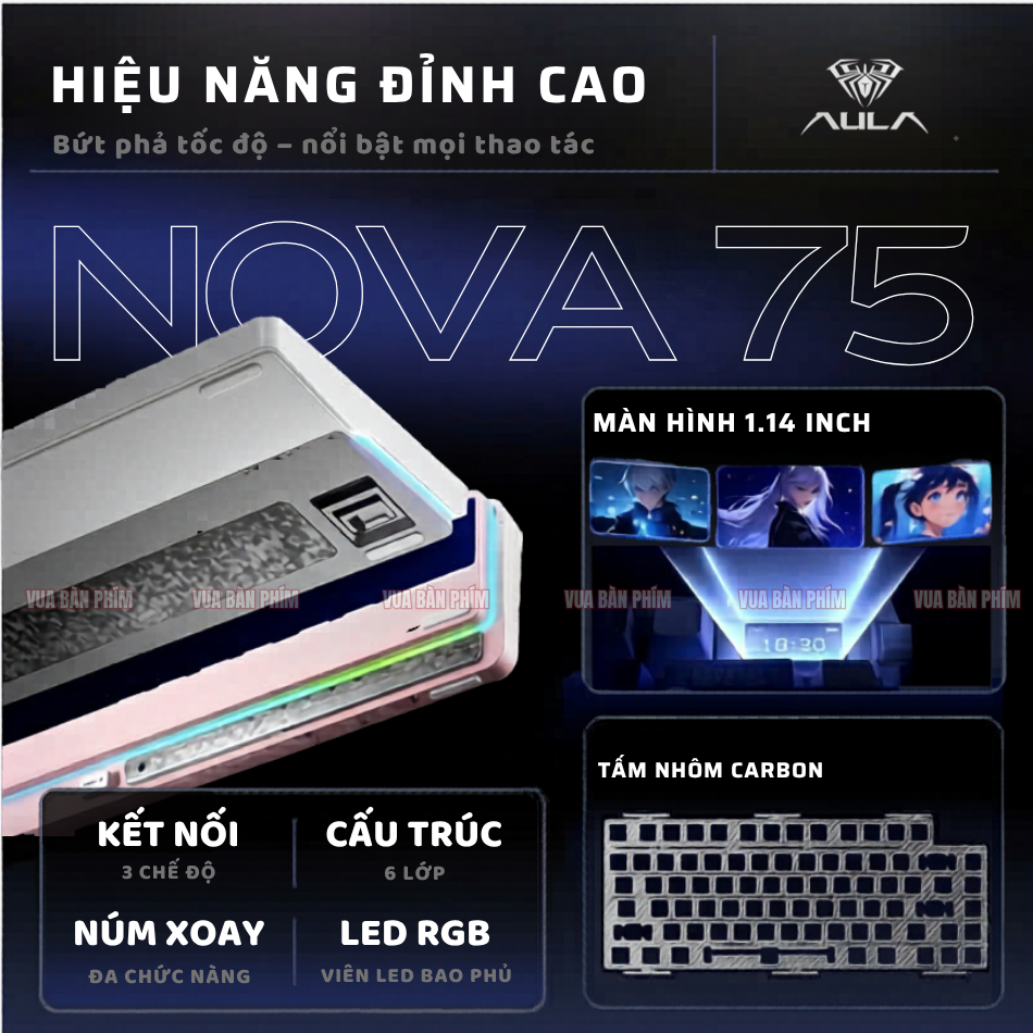 Bàn phím cơ không dây aula Nova 75 mạch xuôi  ,3 mode , màn hình tft , led rgb, hostswap, gasket mount, full foam | BigBuy360 - bigbuy360.vn