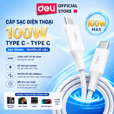 Dây Cáp Sạc Nhanh 100W DELI 20V 5A Dây sạc Type C-C Cáp Dành Cho Thiết Bị Sạc/ Điện Thoại  IPhone Xiao Mi