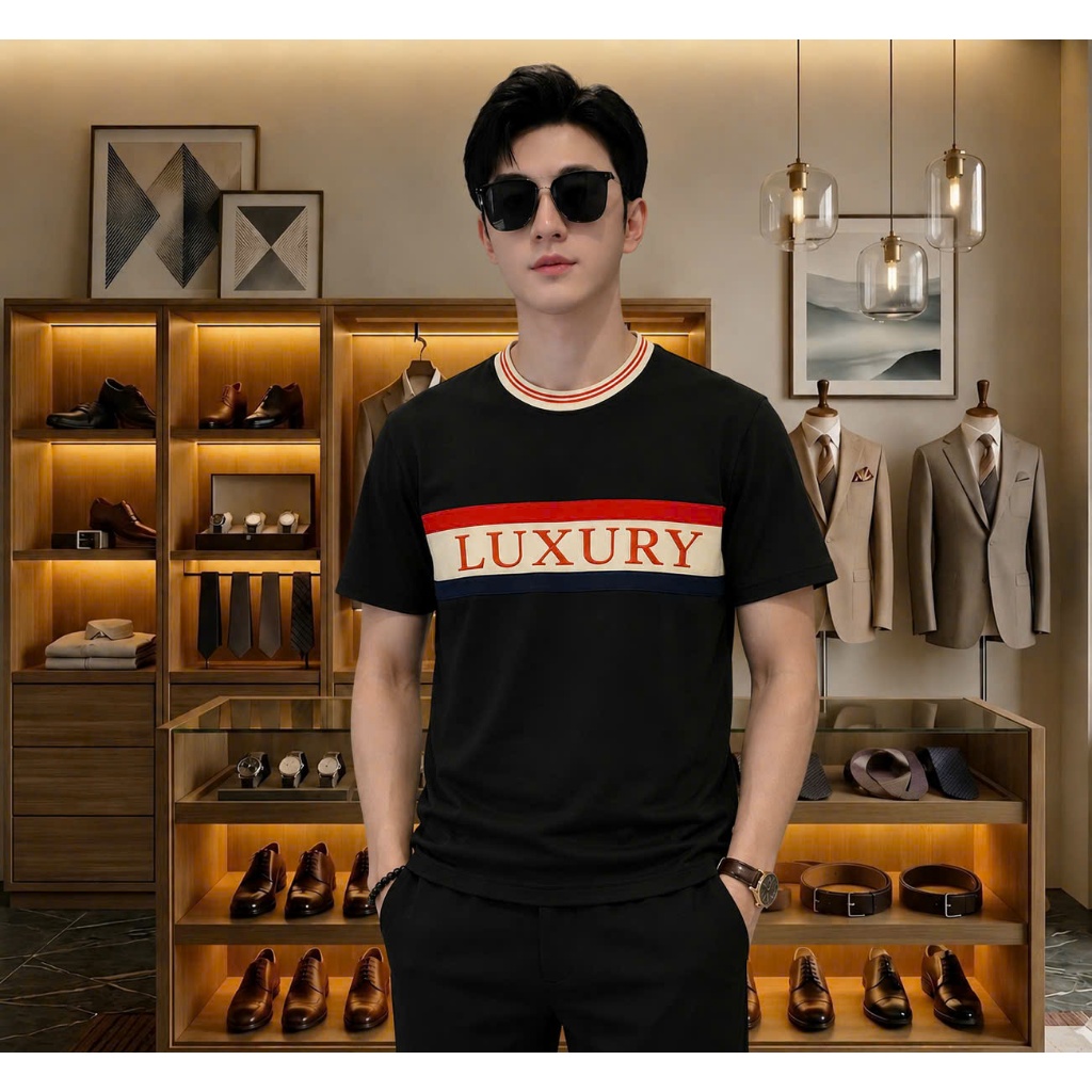 Áo thun nam cổ tròn tay ngắn phối chữ luxury, chất vải nhung thoáng mát mẫu mới chuẩn shop uy tín K_