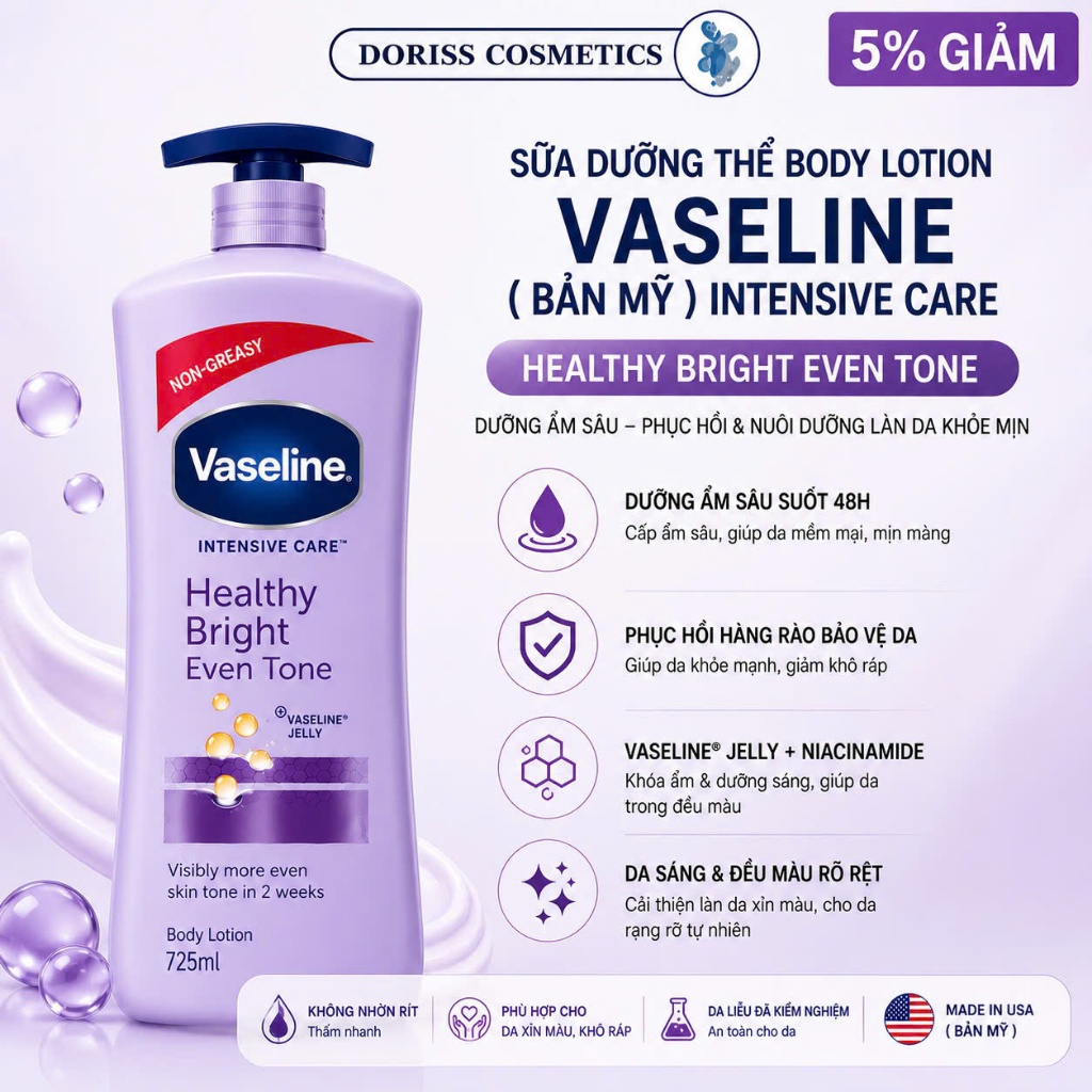 SỮA DƯỠNG THỂ MỸ USA VASELINE HEALTHY BRIGHT DAILY BRIGHTENING EVEN TONE LOTION 725ML