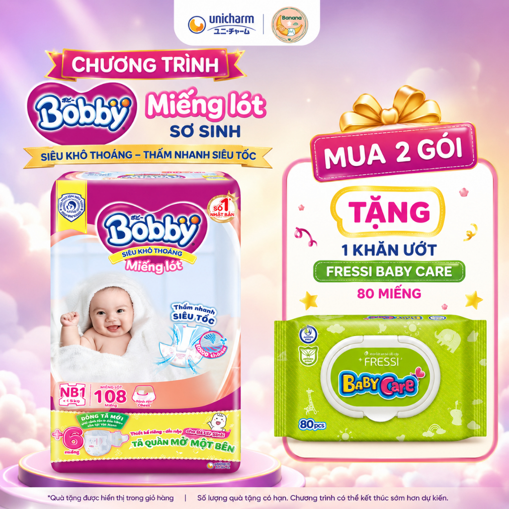 Miếng Lót Sơ Sinh Bobby NB1 NB2 Chính Hãng – Tã Dán Cho Bé Siêu Thấm Hút, Mềm Mại, Khô Thoáng