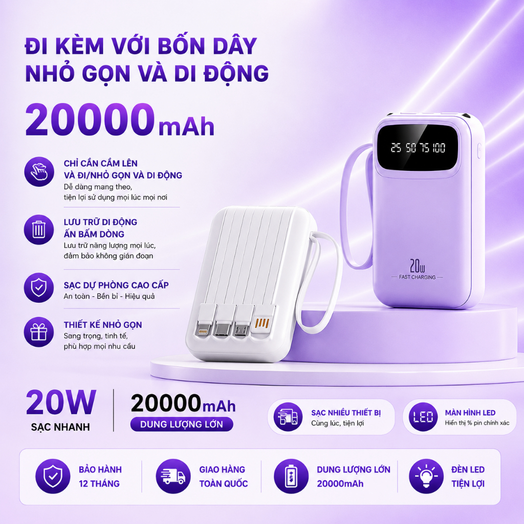 Pin Dự Phòng X279 20000mAh Sạc Nhanh – Mini Nhỏ Gọn, Dung Lượng Lớn, Tiện Lợi Mang Theo