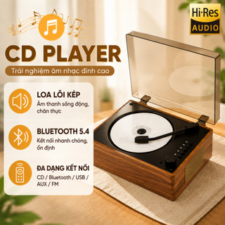 【Âm Thanh Cao Cấp】Máy CD Player & Đĩa Thanh Đa Năng | Kết Nối Bluetooth, Phát Nhạc Chuẩn, Sạc Pin | Thiết Kế Gỗ Cổ Điển