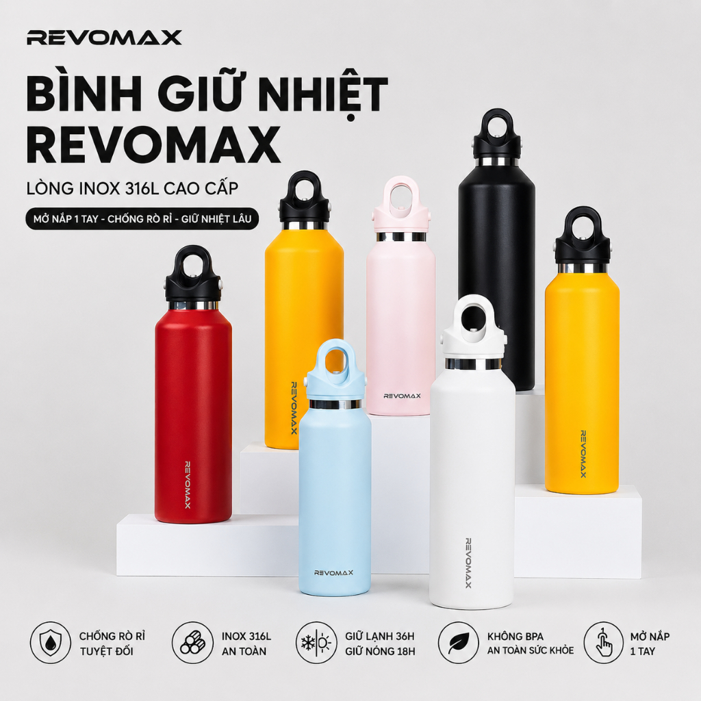 Bình Giữ Nhiệt Gozen Revomax Full Size 355ML 473ML 592ML 950ML Inox 304L 316L Giữ Lạnh 36H, Thể Thao
