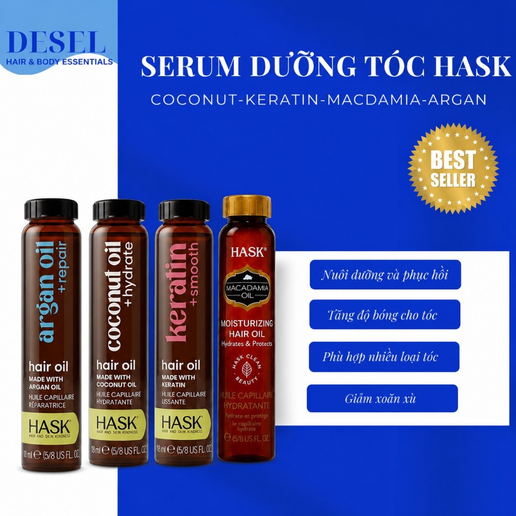 [DESEL] DẦU DƯỠNG Tóc Hask Hair Oil 18ml – Bóng Mượt, Hạn Chẻ Ngọn – Phù Hợp Tóc Khô Xơ - BAO BÌ MỚI