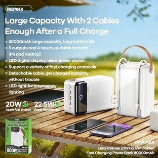 Pin dự phòng siêu khủng remax rpp-566 80000mah qc 22.5w và pd 20w, kèm sẵn 2 cáp sạc, có đèn pin