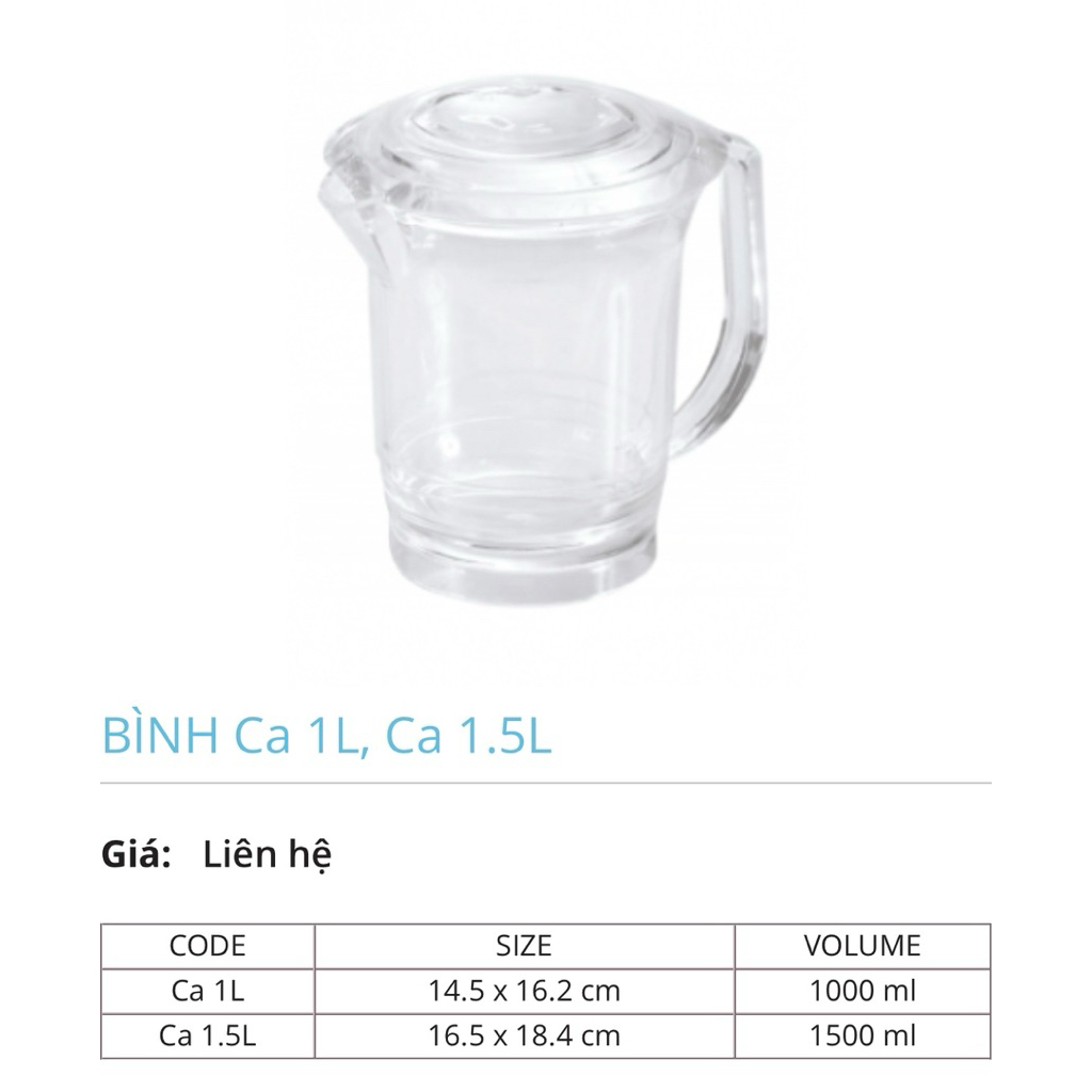 Combo 10 cái ca trong suốt 1L, 1L5 nhựa Acrylic cao cấp Fataco