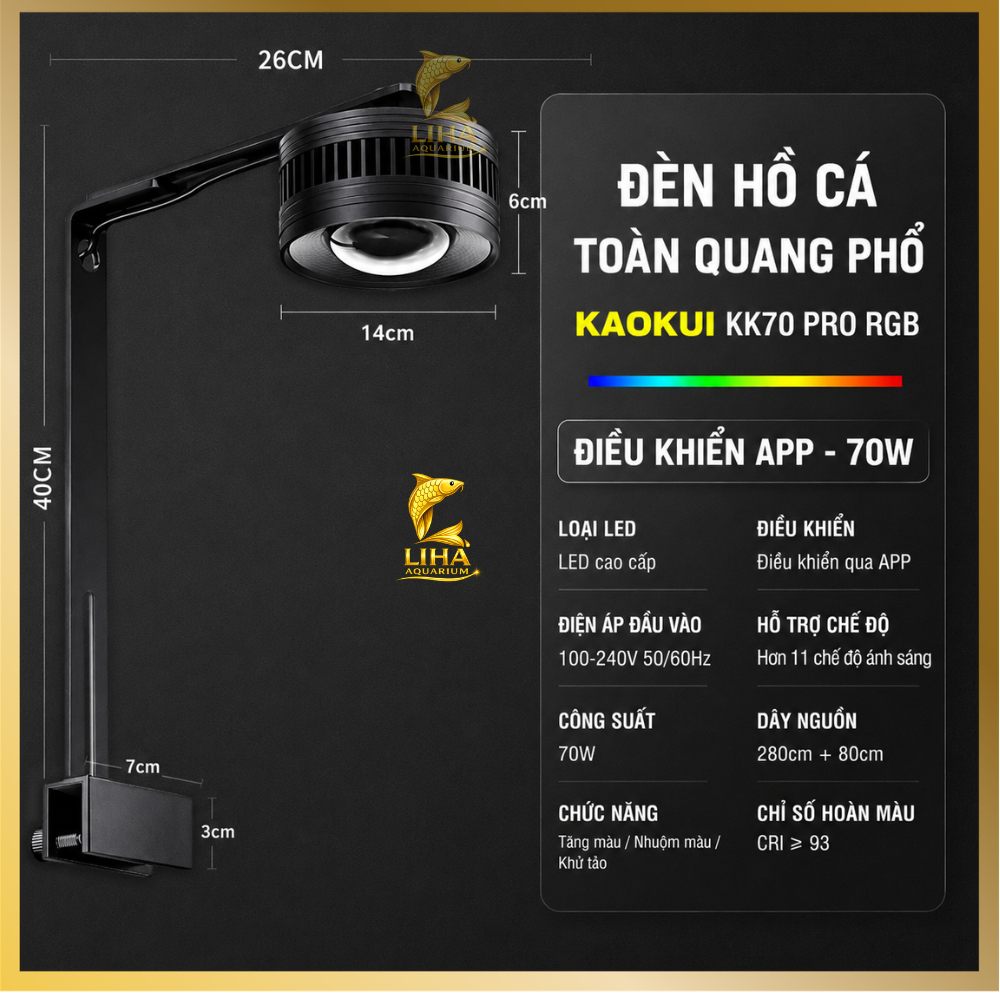 Đèn Led Kaokui KK30 KK70 Pro RGB - Đèn Rọi Có Chỉnh App Cho Hồ Thuỷ Sinh Cá Vàng Cá Rồng