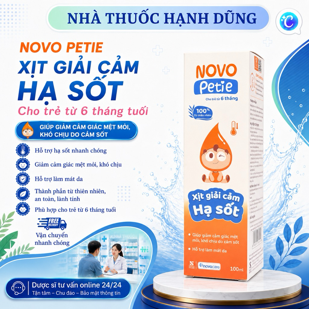NTHD| Xịt giải cảm hạ sốt NOVO PETIE cho bé từ 6 tháng| Hỗ trợ làm mát, giảm khó chịu| Chai xịt 100m