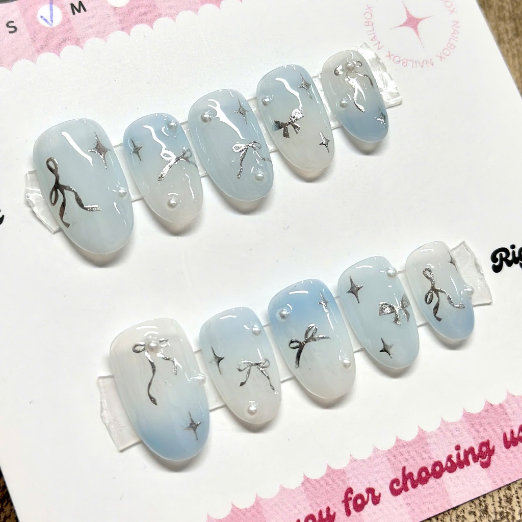 M93 - Nailbox tone xanh phối nơ thiết kế thủ công