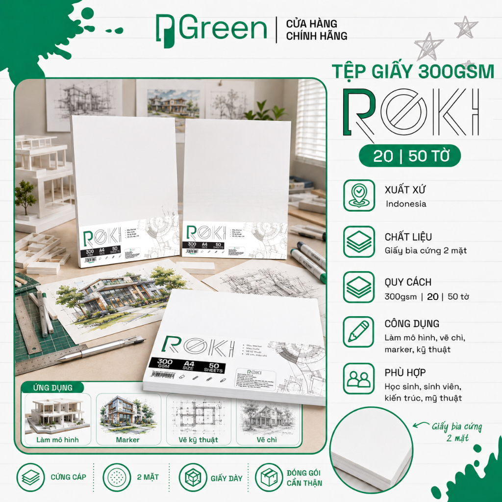 Tệp Giấy Roki 300gsm – Giấy bìa cứng 2 mặt, làm mô hình, báo tường, vẽ chì, thủ công | PGREEN