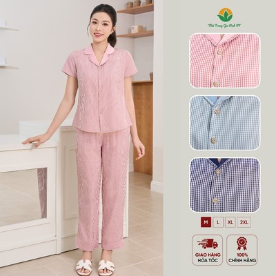Bộ pijama nữ kẻ caro kate Việt Thắng quần dài áo cộc cổ phối lụa mặc nhà đi chợ - B48.6088