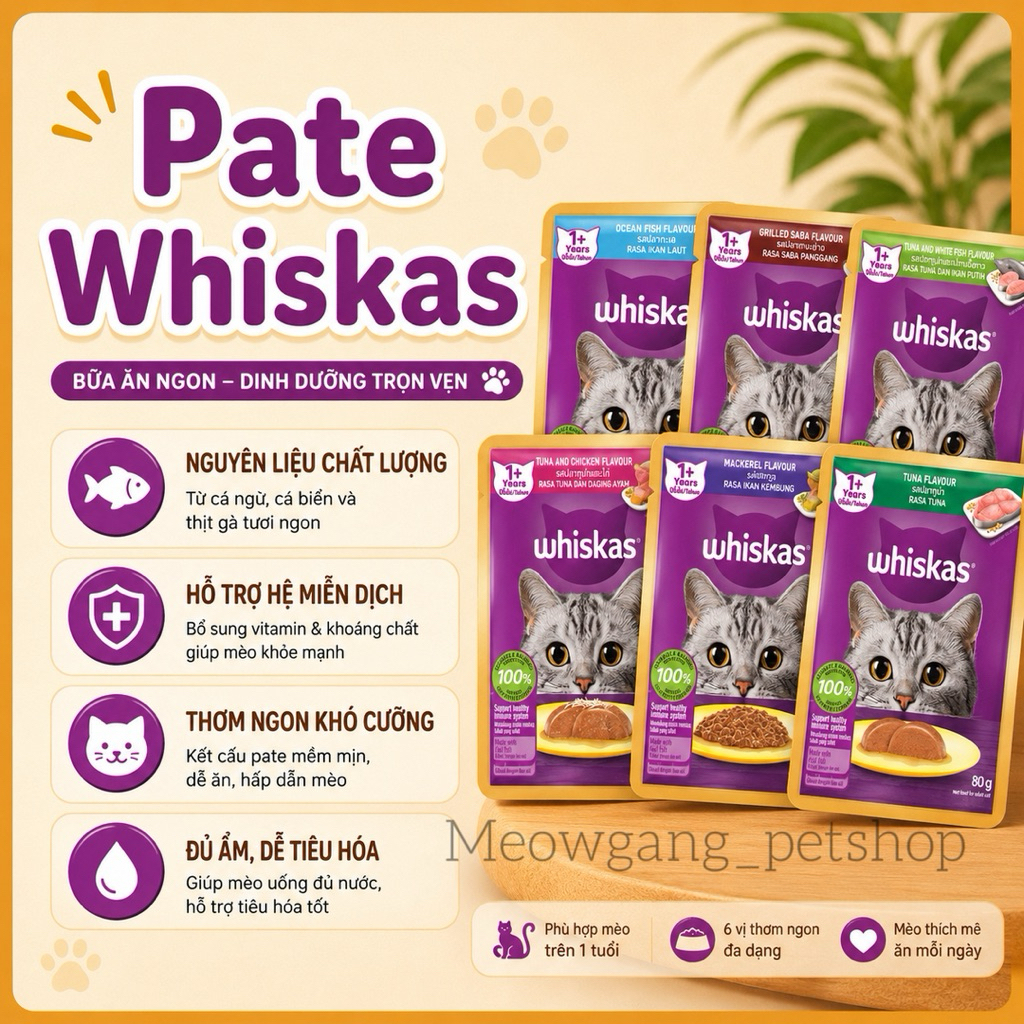 Pate WHISCAT cho mèo con, mèo lớn gói 80g