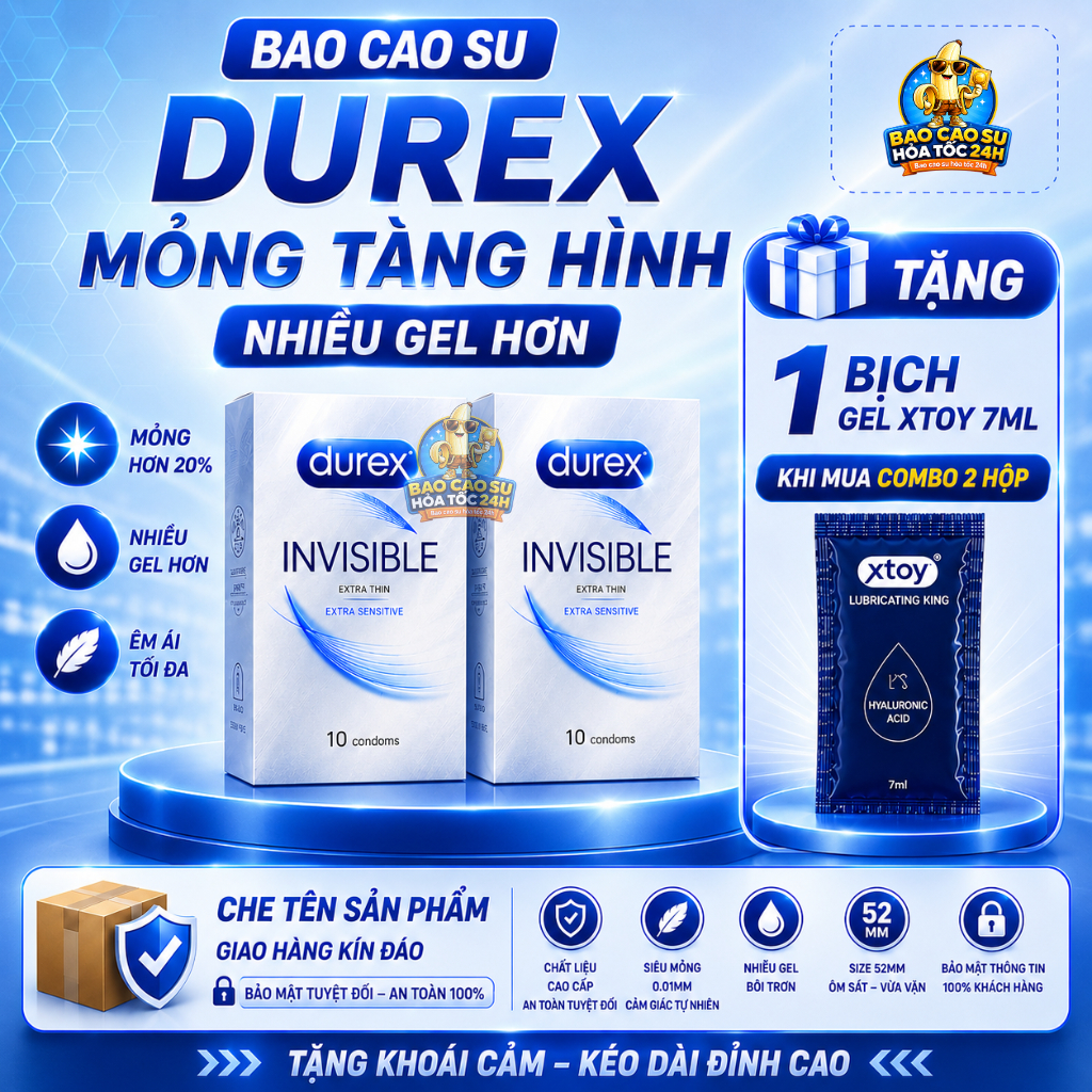 Combo Bao Cao Su bcs Durex Performa bền bỉ chậm xuất tinh, Invisible siêu mỏng gân gai PleasureMax, 