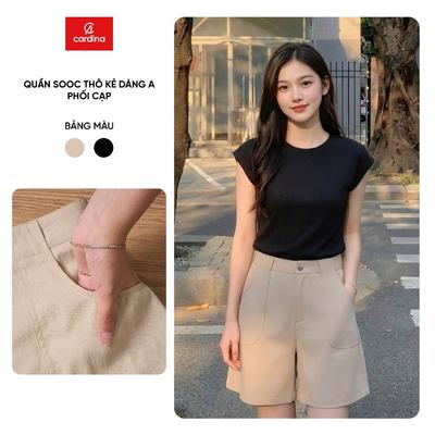 Quần đùi sooc nữ CARDINA chất liệu thô mềm dáng A phối cạp 6QSA18